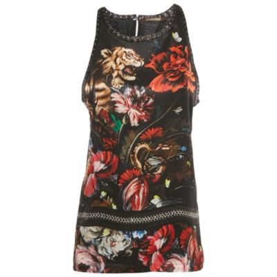 Pre-Owned Roberto Cavalli Women's Floral Print Silk Lace-Up Leather Tank Top