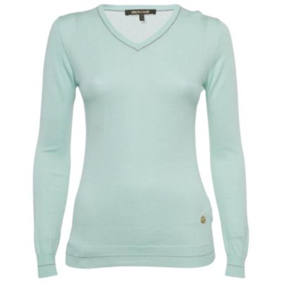 Свитер Pre-Owned Roberto Cavalli Women's Blue Cotton Knit V-Neck