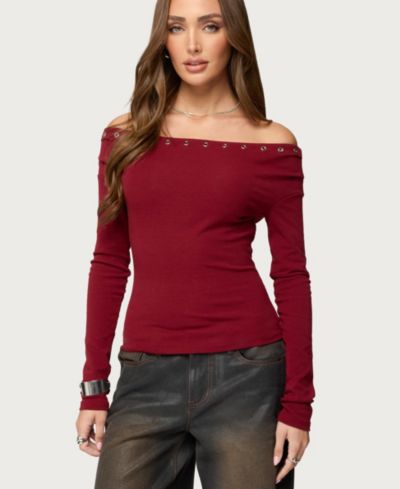 Edikted Womens Rebekka Grommet Off Shoulder Top