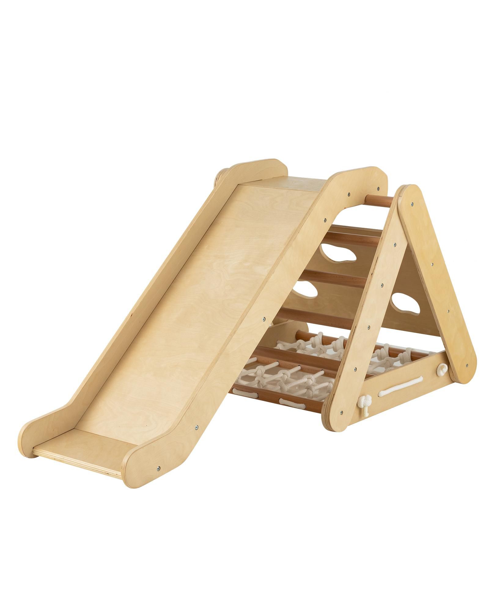 Игрушка-лазалка SKONYON 4 in 1 Triangle Climber с горкой и сеткой-канатом Natural