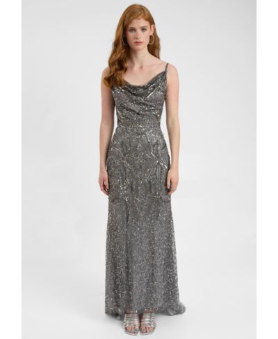 BEAUUT Women's Embellished Sequin Beaded Maxi Dress With Cowl Neck
