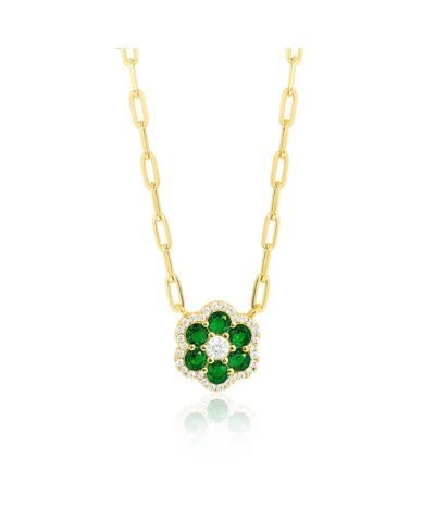 Etoielle Vermeil Paperclip Created Emerald and CZ Flower Layering Necklace