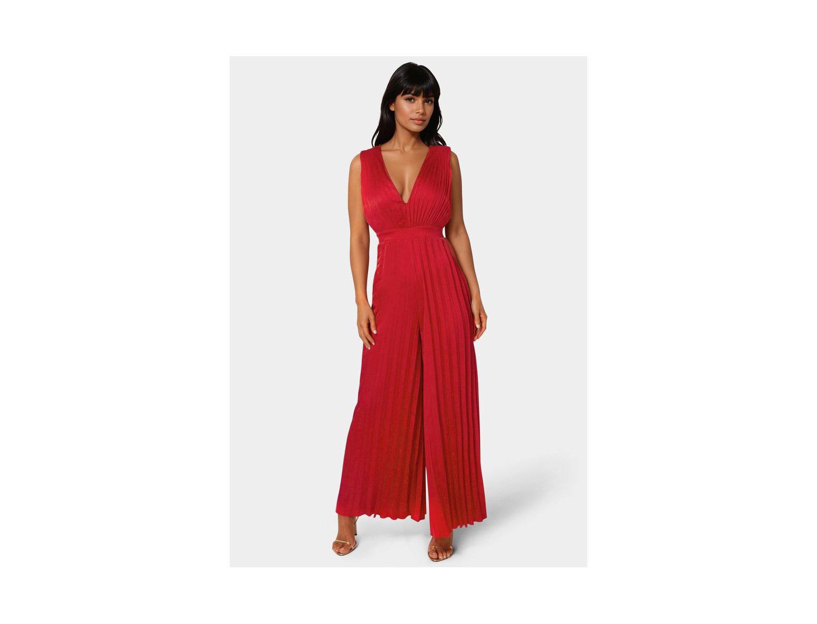 Bebe Women's Bare Deep Vee Pleated Satin Jumpsuit