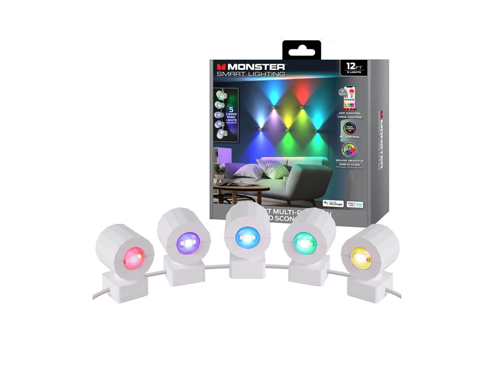 MONSTER CABLE  12 Ft Two-Sided Multi-Position Indoor Sconce Smart Lights