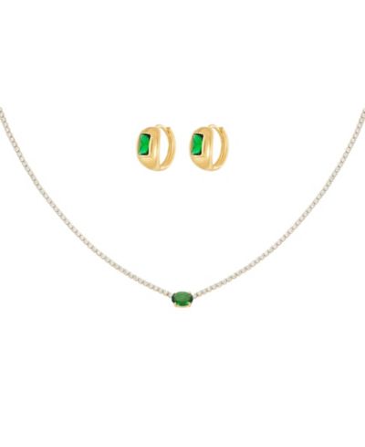Bearfruit Jewelry Plated Sterling Emerald Rectangle Necklace & Huggies Set Holiday Gift Guide