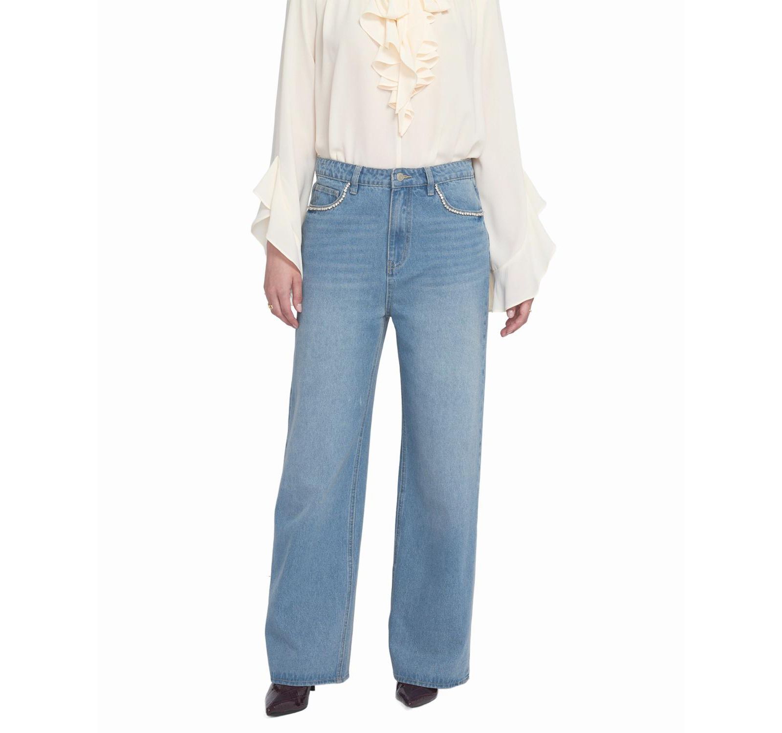 ELLE Collection Women's Rhinestone Pocket Jean Wide-Leg Pants