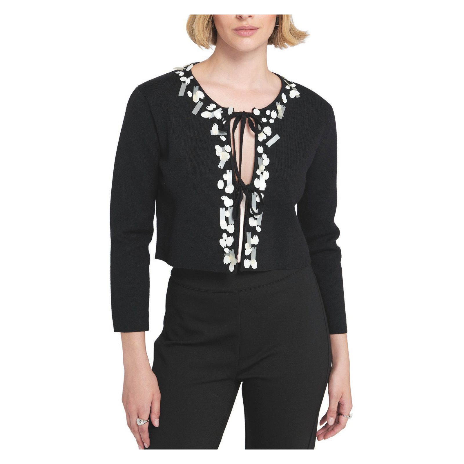 ELLE Collection Women's Sequin Tie Front Cardigan Embroidered Sweater