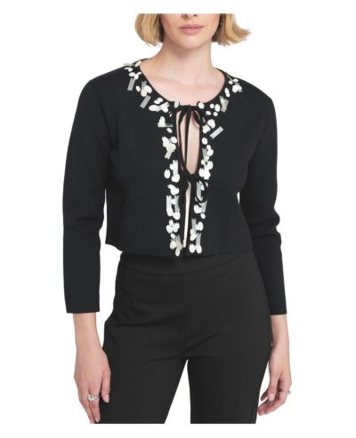 ELLE Collection Women's Sequin Tie Front Cardigan Embroidered Sweater