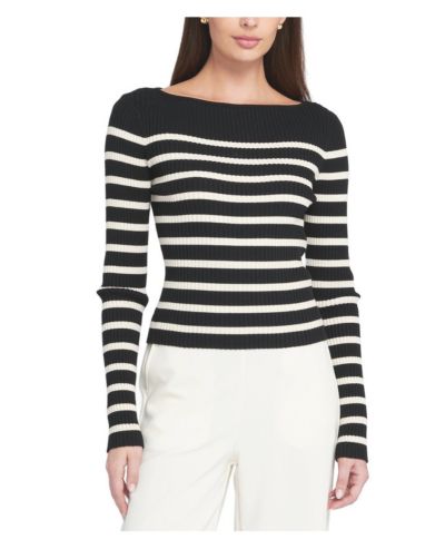 ELLE Collection Women's Fine Gauge Light Weight Striped Sweater
