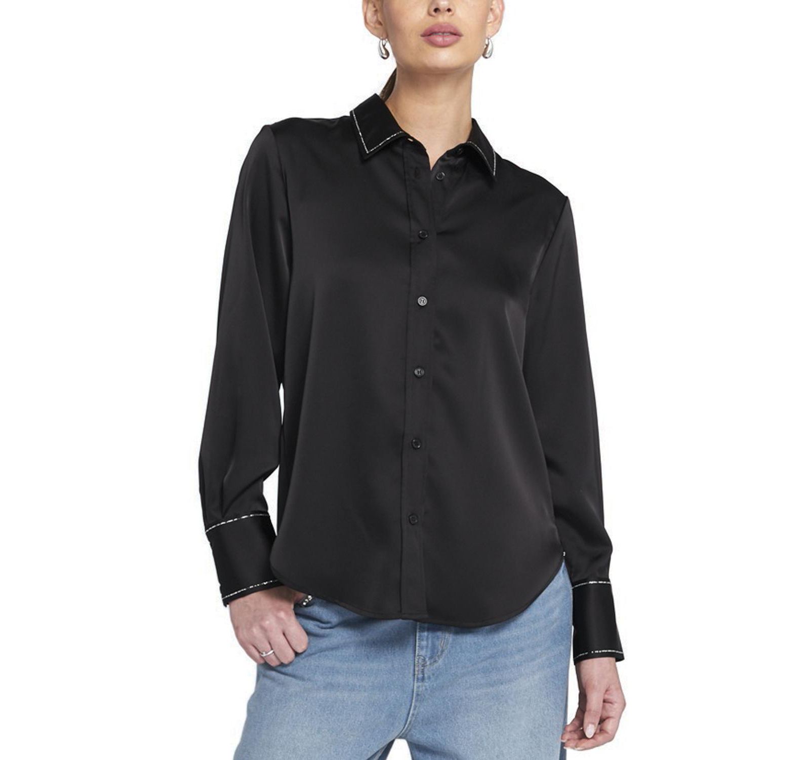 ELLE Collection Women's Sparkle Trim Satin Shirt Button Down Top