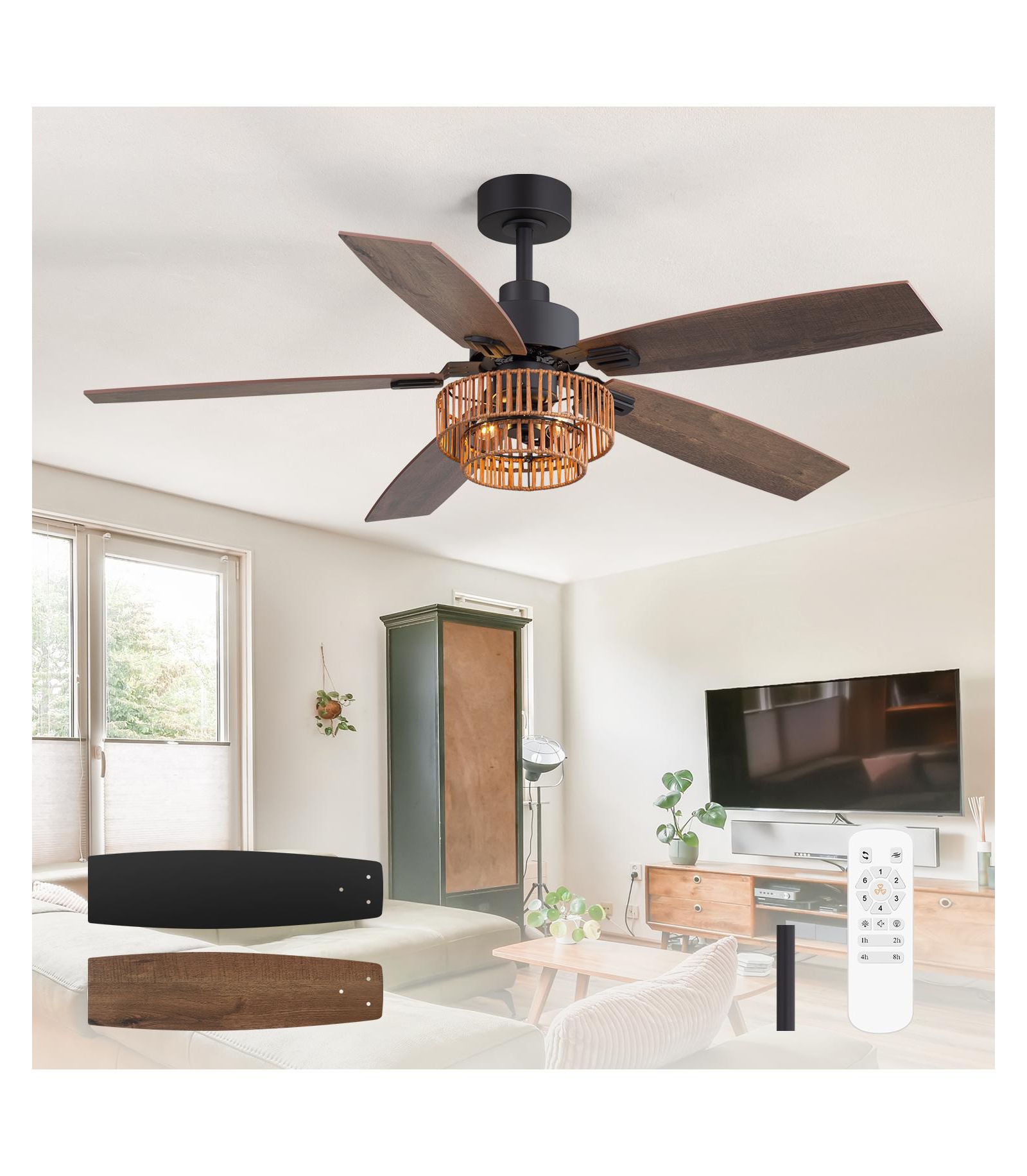 Airsurfer 52" Ceiling Fan with Integrated LED Light Remote-Controlled Matte Black 5-Blade Modern Design Quiet DC Motor