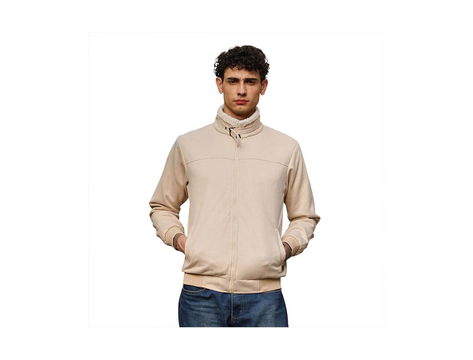 Campus Sutra Men's Contrast Sherpa-Lined Suede Bomber Jacket