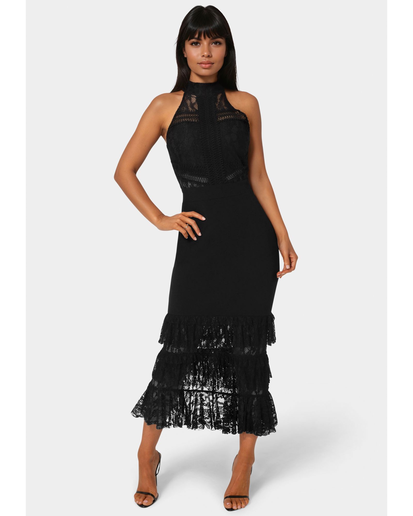 Женское миди-платье Bebe Halter Tiered Lace