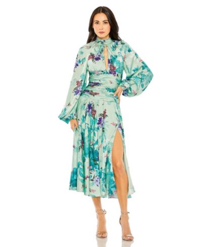 Mac Duggal Женское вечернее платье с вырезом Keyhole, атласное, с длинным рукавом и цветочным принтом