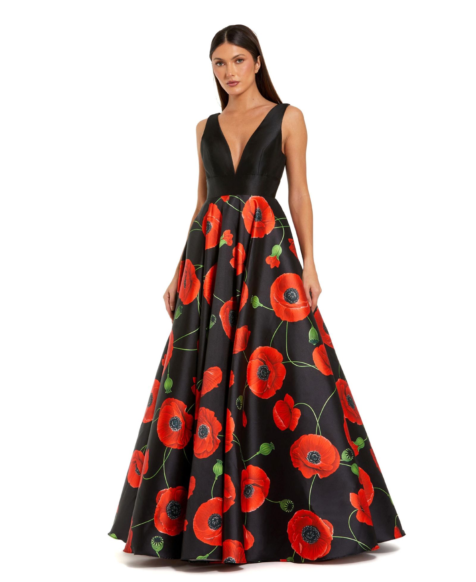 Mac Duggal Женское вечернее платье с глубоким вырезом и юбкой из микадо с цветочным принтом