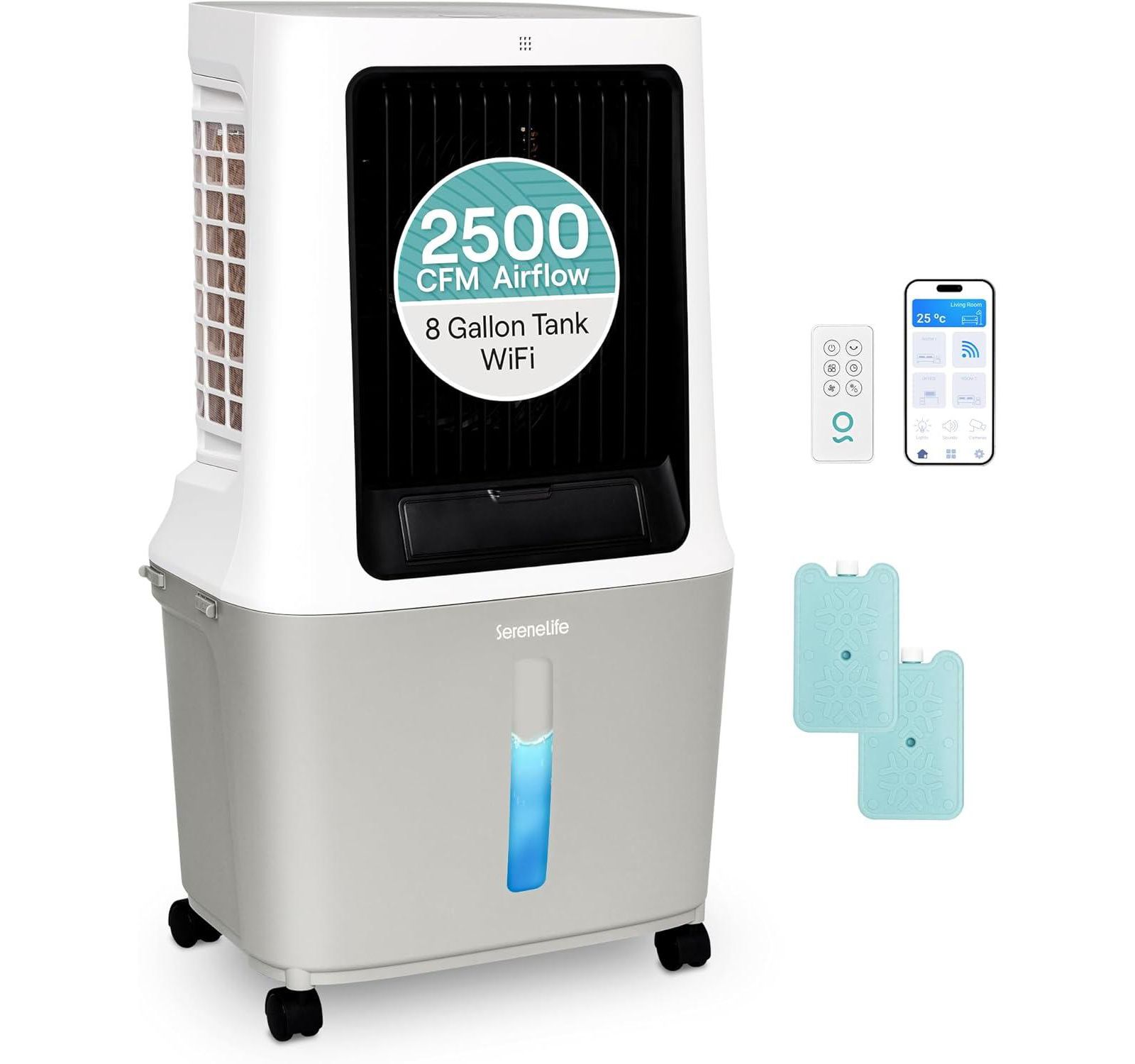 SereneLife Portable Swamp Cooler Air Conditioner - 2500 CFM Airflow, 8 Gallon Water Tank Portable Evaporative Air Cooler for Room & Outdoors.
