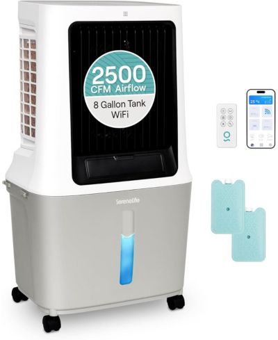 SereneLife Portable Swamp Cooler Air Conditioner - 2500 CFM Airflow, 8 Gallon Water Tank Portable Evaporative Air Cooler for Room & Outdoors.