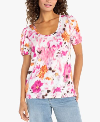 Liverpool Los Angeles Petite Puff Sleeve Scoop Neck Top
