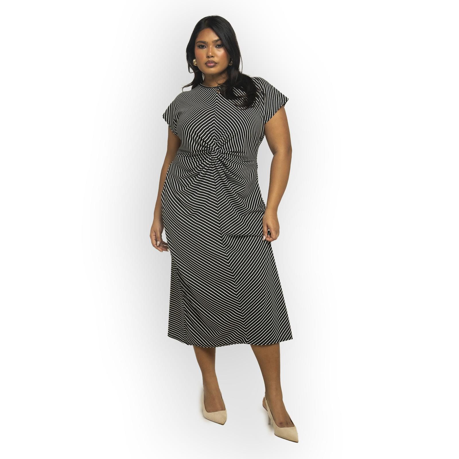 FASHION-SZN CURVE Women's Cinched Striped Print Midi Dress