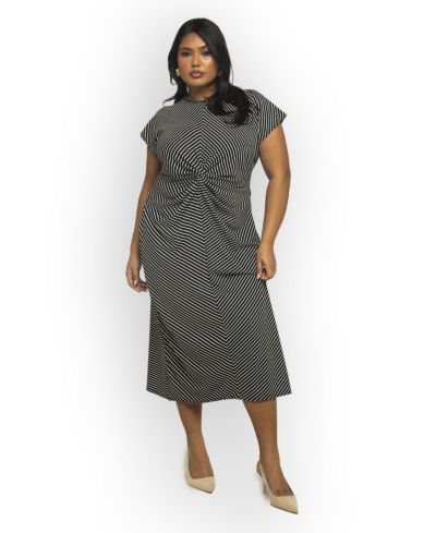 FASHION-SZN CURVE Women's Cinched Striped Print Midi Dress