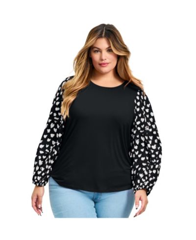 Avenue Women's Plus Size Mix Media Heart Sleeve Top