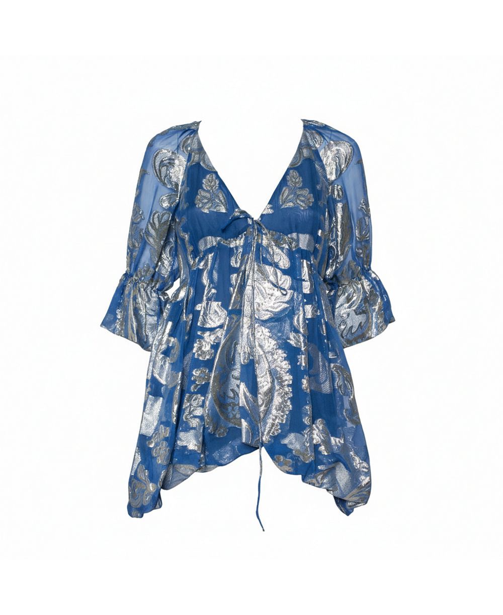 Pre-Owned Stella Mccartney Women's Blue Floral Lamandeacute Asymmetrical Hem Top