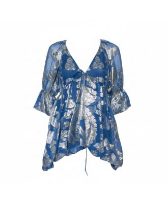 Pre-Owned Stella Mccartney Women's Blue Floral Lamandeacute Asymmetrical Hem Top