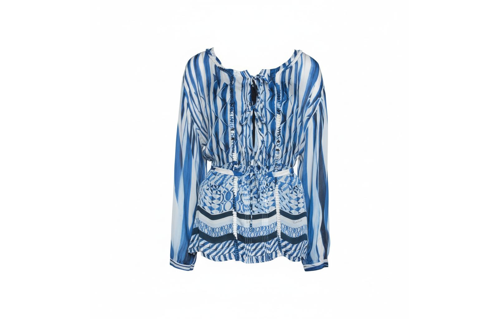 Pre-Owned Roberto Cavalli Women's Blue And White Deco Print Silk Tie Up Blouse