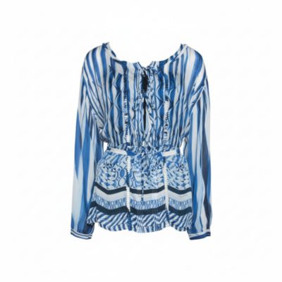 Pre-Owned Roberto Cavalli Women's Blue And White Deco Print Silk Tie Up Blouse