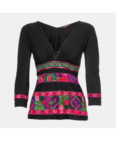 Pre-Owned Roberto Cavalli Women's Black Floral Printed Jersey V-Neck Top