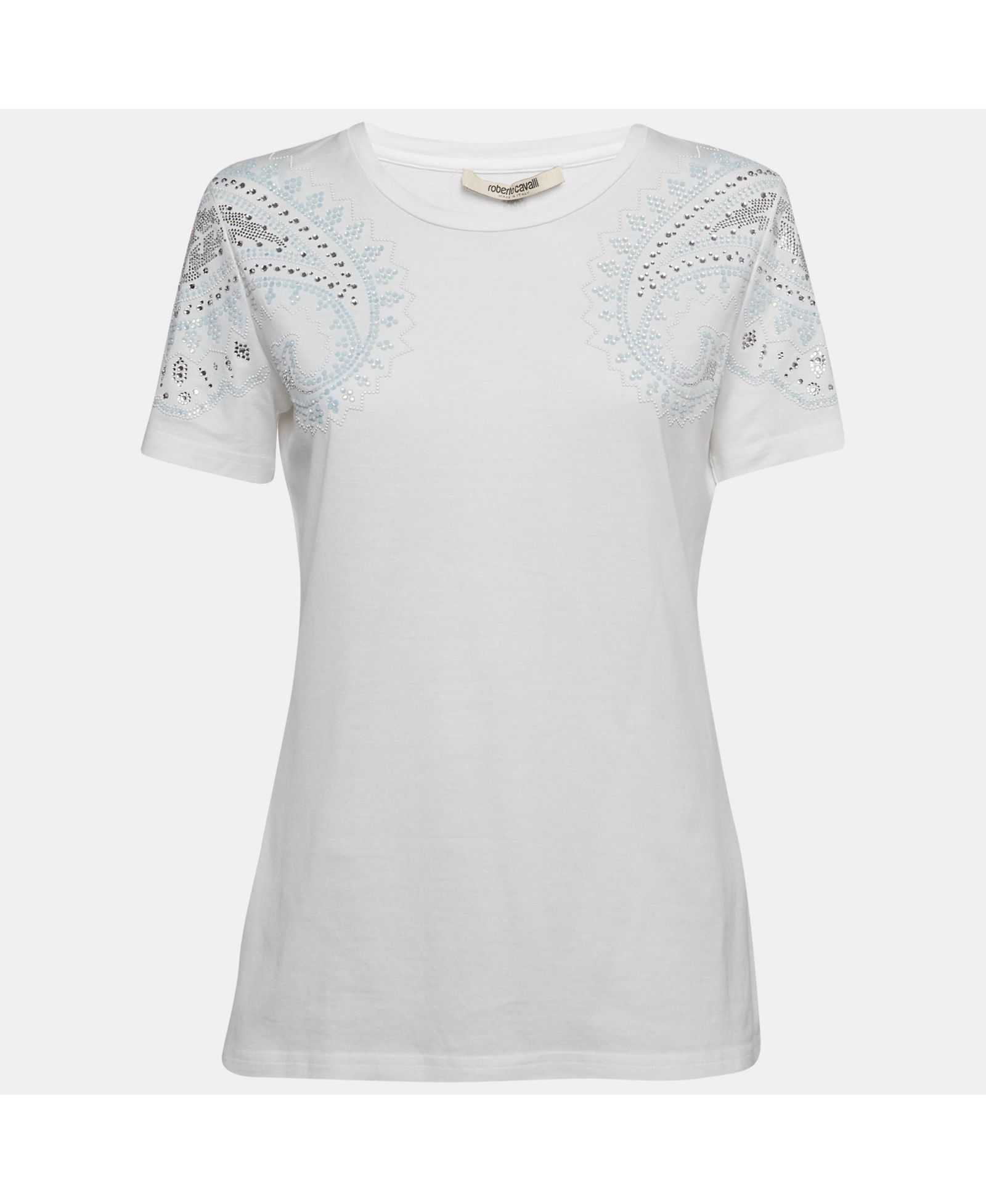 Pre-Owned Roberto Cavalli Women's White Crystal Embellished Jersey T-Shirt
