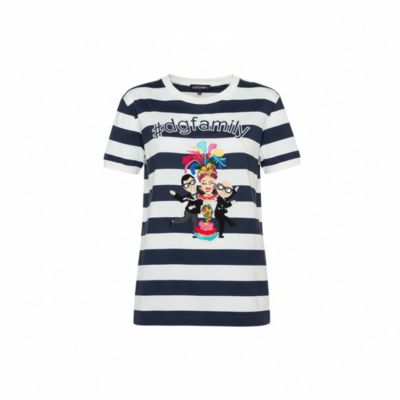 Pre-Owned Dolce & Gabbana Women's Striped Cotton Patch Detail Crewneck T-Shirt