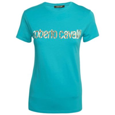 Pre-Owned Roberto Cavalli Women's Blue Logo Print Jersey T-Shirt