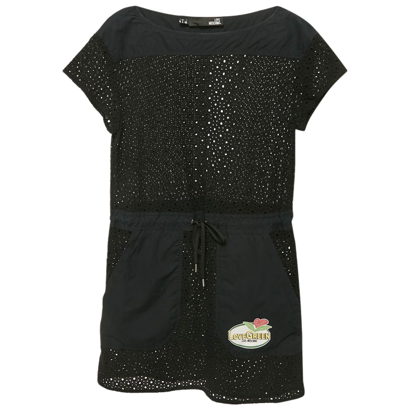 Мини-платье Love Moschino Женское черное из хлопка с вышивкой Broderie Anglaise