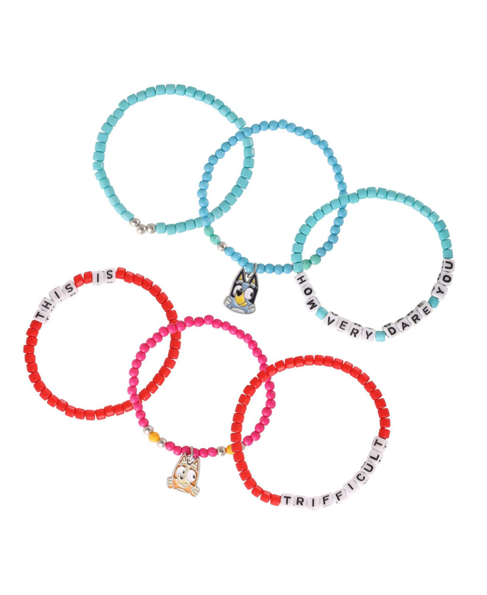Bluey Pink and Teal Beaded Bracelet Set with Character Charms - 6 Pack