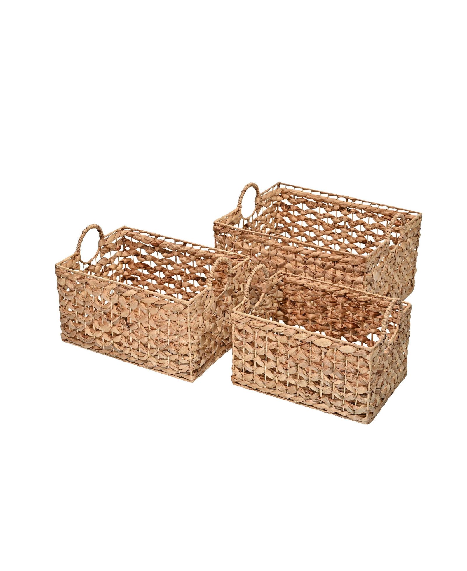 Happimess Quinn Bohemian Cottage Woven Hyacinth Rectangular Storage Baskets with Handles, Set of 3