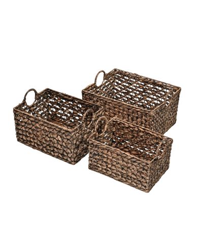 Happimess Quinn Bohemian Cottage Woven Hyacinth Rectangular Storage Baskets with Handles, Set of 3
