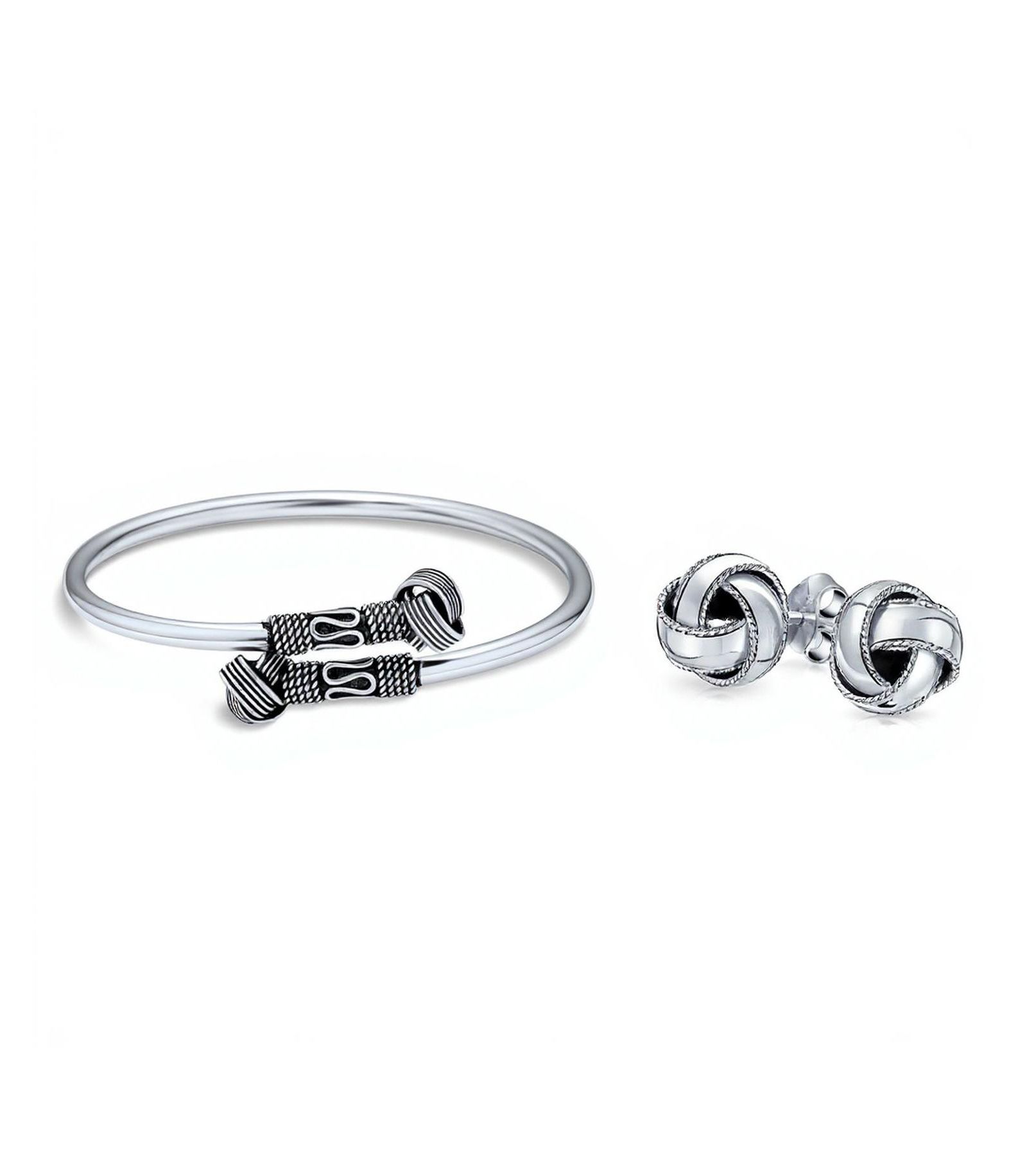 Набор украшений Bling Jewelry Western Style Knot Cuff Bangle и серьги-гвоздики 10MM Love Knot Ball Oxidized Sterling Silver