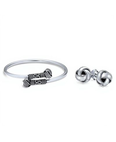 Набор украшений Bling Jewelry Western Style Knot Cuff Bangle и серьги-гвоздики 10MM Love Knot Ball Oxidized Sterling Silver
