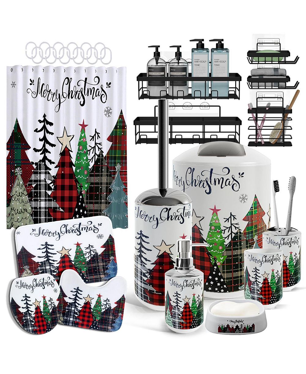 27-Piece Complete Holiday Bathroom Decor & Accessory Set with Bath Rugs,  Shower Caddy & Curtain Set