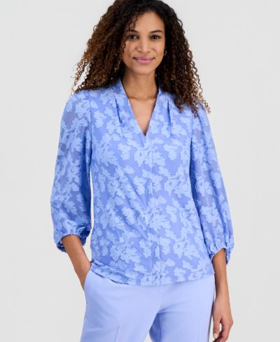 Женская блузка Kasper Burnout Floral V-Neck с рукавами 3/4 Balloon, Regular & Petite