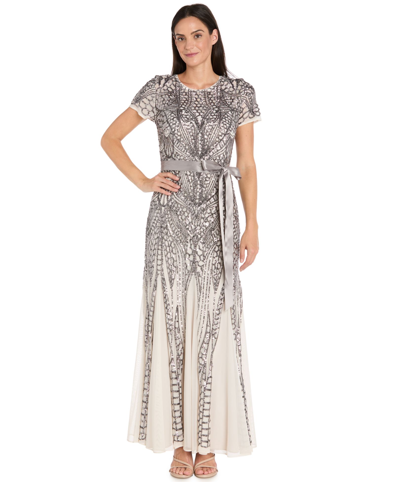 R & M Richards Women’s Long Sequin Short-Sleeve Gown