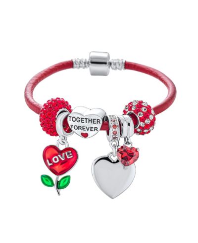 Bling Jewelry European Heart Bead Charm Bracelet Red Leather Clasp Sterling Silver 7.5"