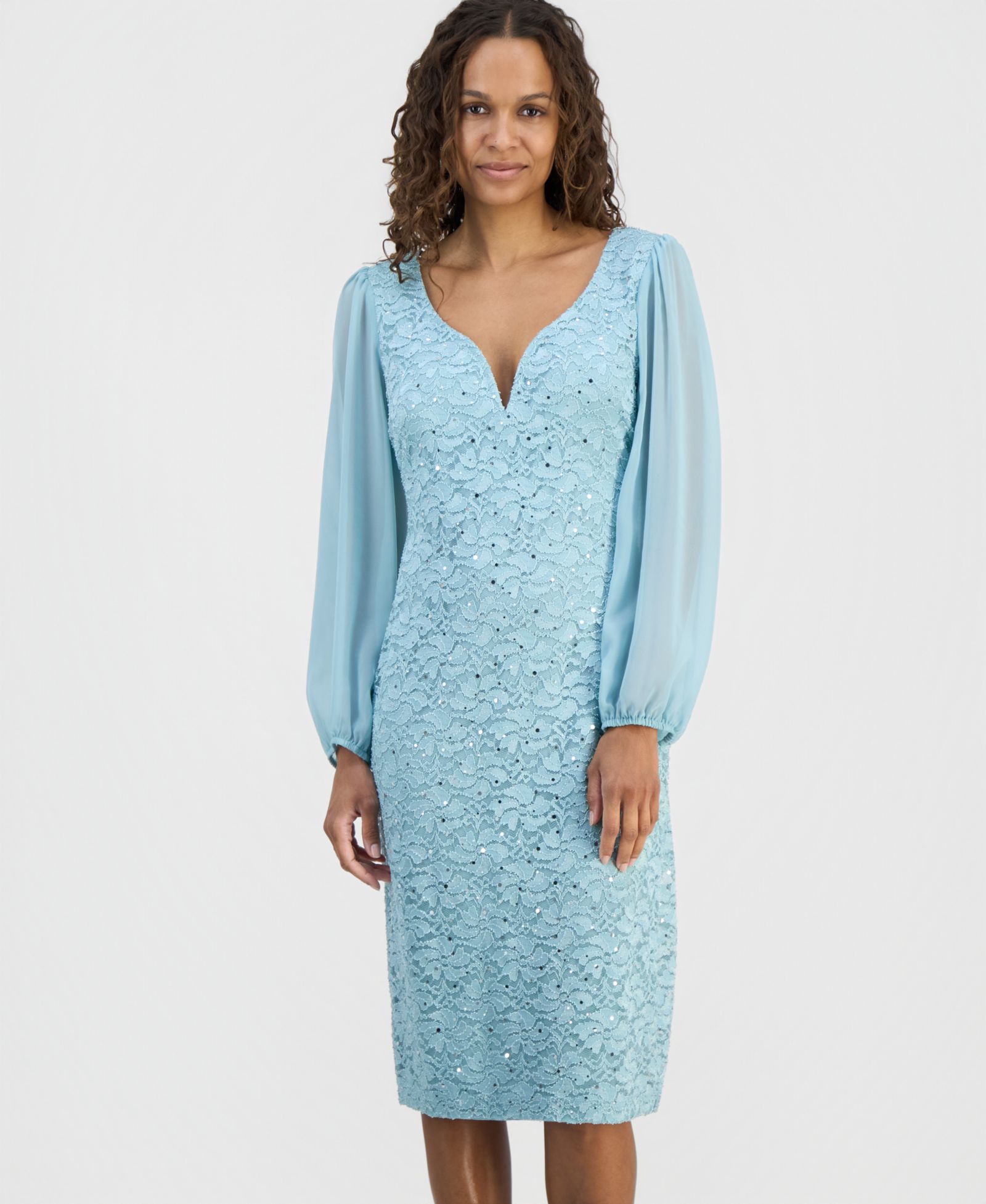 Connected Petite Sequined Lace Blouson-Sleeve Dress