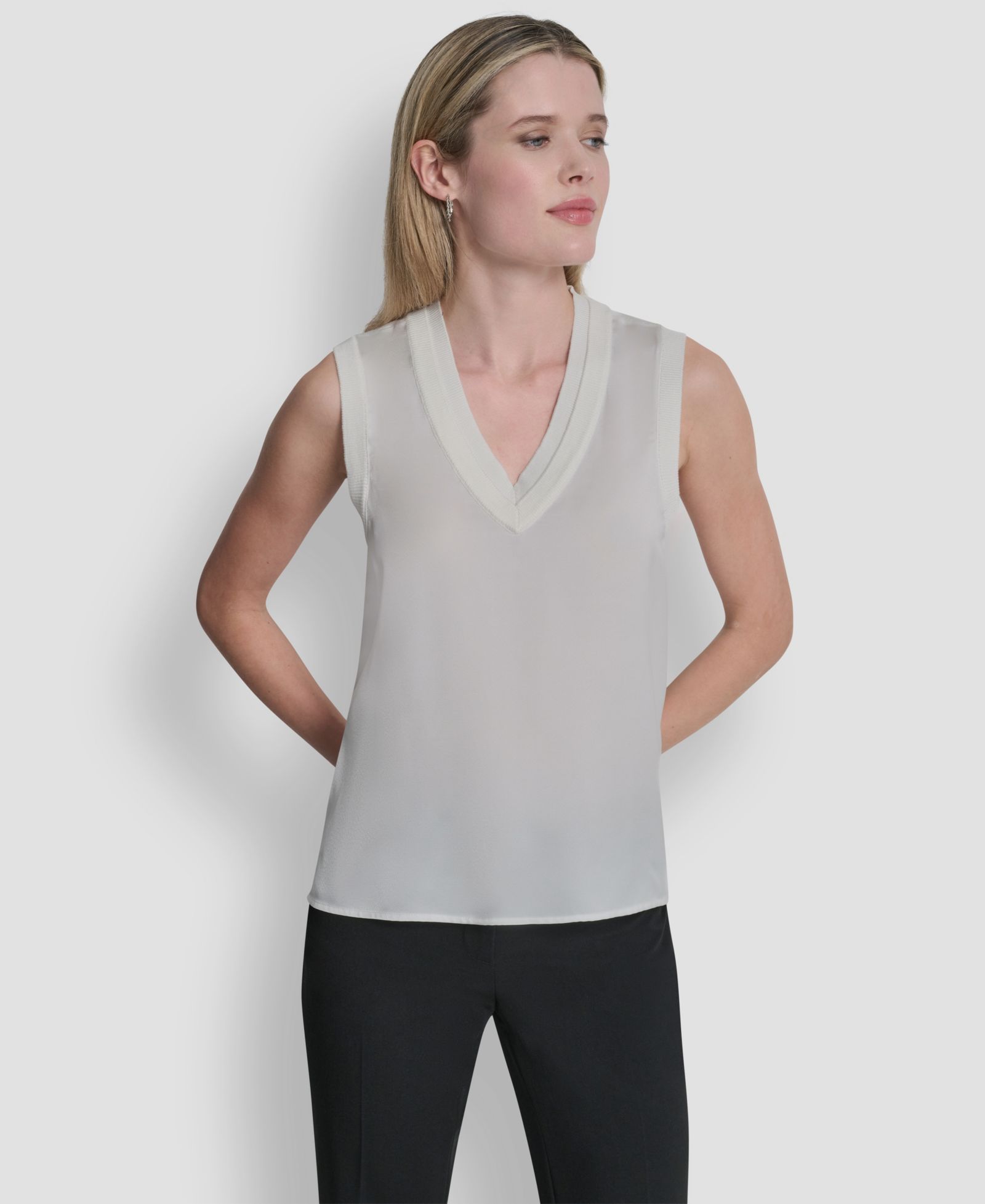 DKNY Women's Mixed Media V-Neck Sweater