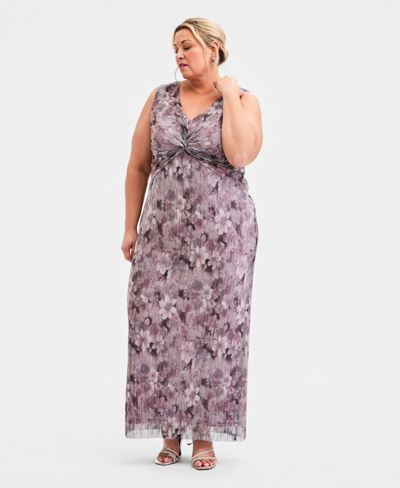 Connected Plus size Metallic Floral Twist-Front Column Dress