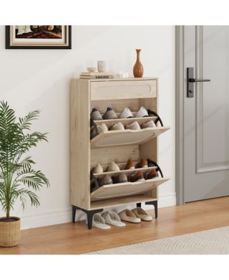 Gaomon Shoe Cabinet, Rattan Shoe Storage With 2 Flip Drawer and 1 Pull-Out Drawer, Heavy Duty Metal Leg