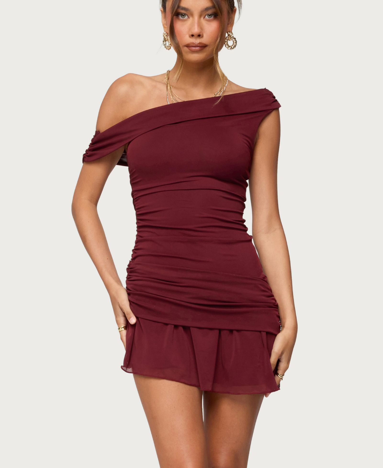 Edikted Womens Gesibelle Off Shoulder Mesh Mini Dress