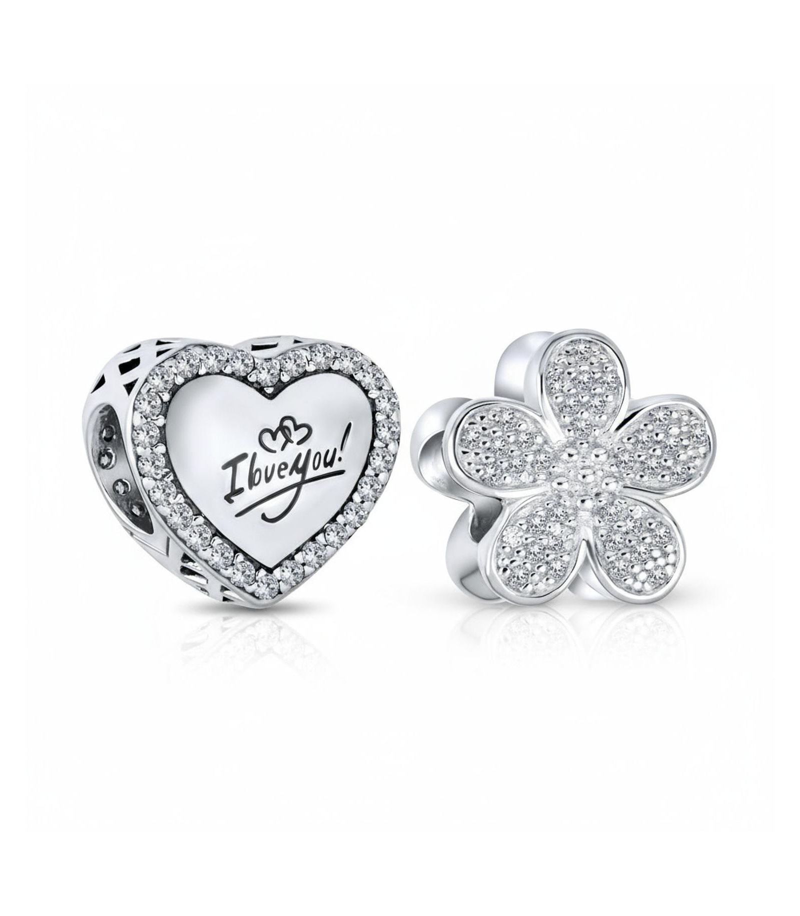 Bling Jewelry Set of 2 Words "I LOVE YOU" Crystal Accent Edge Love Heart Shape & Clear CZ Flower Shape Charm Bead Oxidized .925 Sterling Silver