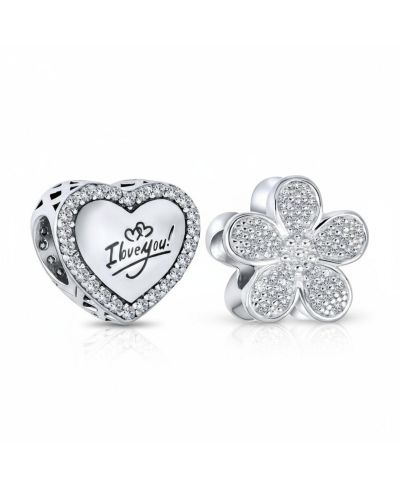 Bling Jewelry Set of 2 Words "I LOVE YOU" Crystal Accent Edge Love Heart Shape & Clear CZ Flower Shape Charm Bead Oxidized .925 Sterling Silver